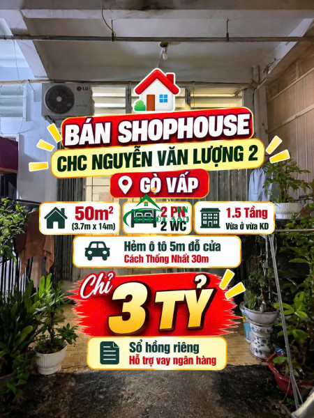 Bán Shophouse tầng trệt 50m2 Nguyễn Văn Lượng 2 Gò Vấp hẻm ô tô 3tỷ